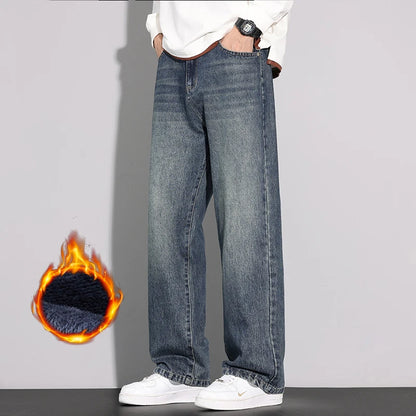Fleece Jeans Men's Winter Fashion Straight Loose Thick Fleece Trousers Casual Vintage Streetwear Male Warm Plush Denim Pants