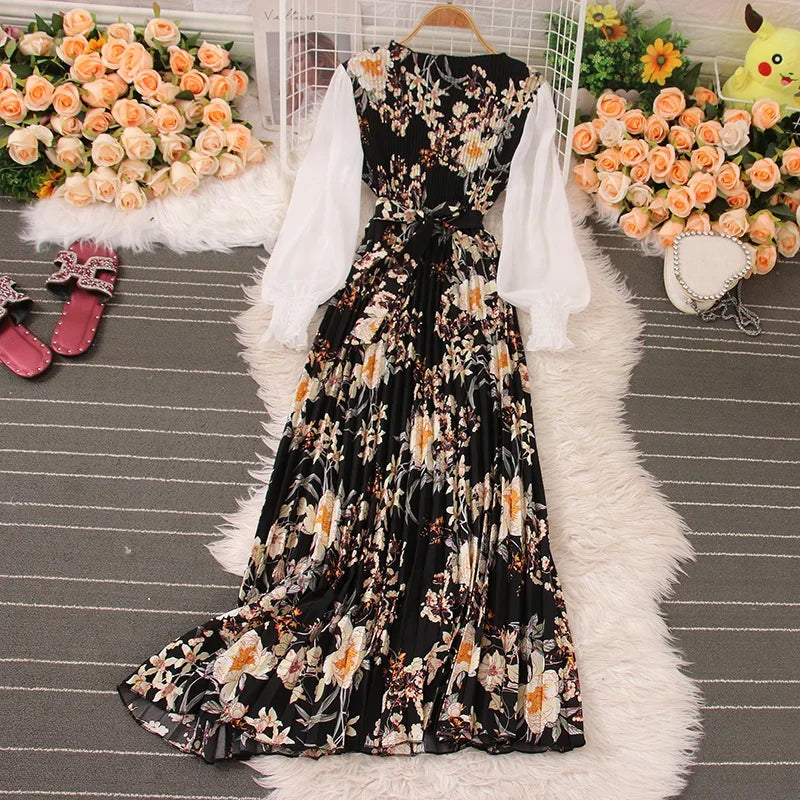 Sweet Style Long Dresse For Women Print Patchwork Pleated Long-sleeve High Waist Dresses Spring Summer New