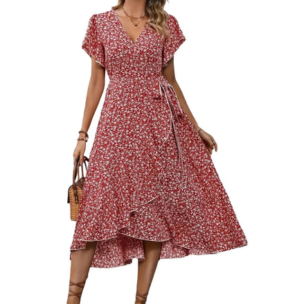 Women's Summer Flower Print Ruffle Dress Fashion Elegant Short Sleeve Wrap V Neck Tie Side Dresses
