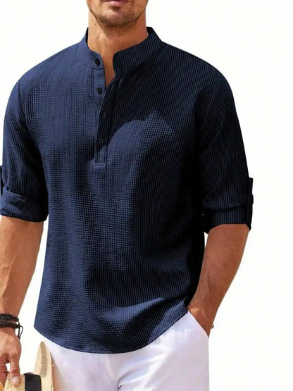 Men's Short Sleeve Henley Shirt, Striped Waffle Knit, Lightweight & Breathable for Summer Casual Wear
