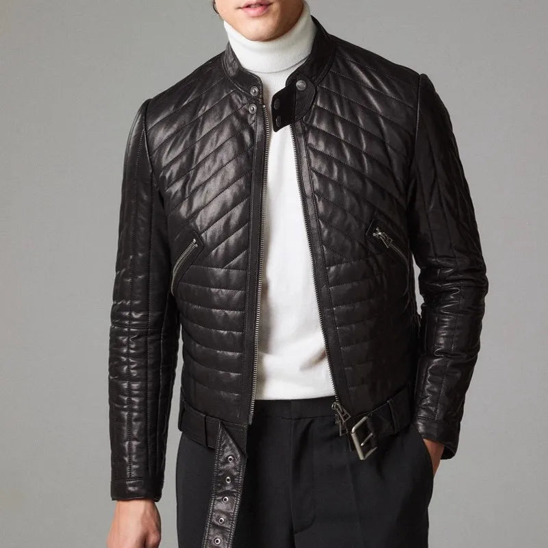 Male Genuine Leather Jacket Stand Collar Autumn Winter Zipper Slim Fit Cotton Padded Real Sheepskin Motorcycle Biker Style Coat