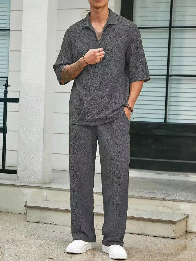 Men's Summer Fashion Loose Men Suit Solid Half Sleeved T-shirt And Pants Water Wave Wrinkles Two-piece Set For Male Outfits