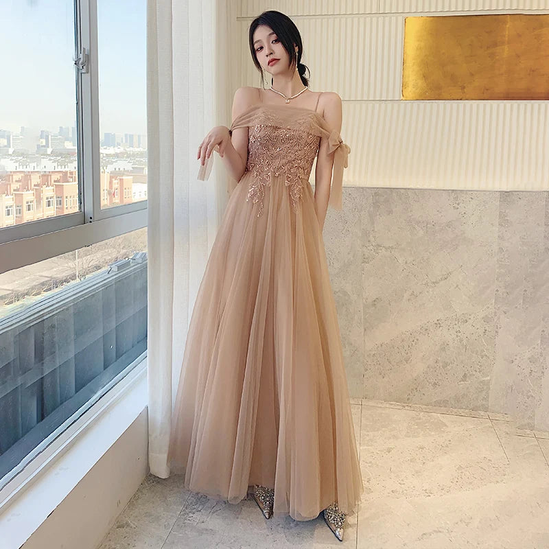 Champagne Color Maids Dr Long Sve Women's Sle Summer New Faion Simple Ele Long Silhouette Sister's up Gown