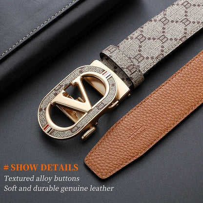 New Big "V" Automatic Buckle Men Belt, Fashionable Letter Buckle Waist Belt, Business Casual Leather Belt,Genuine Suit Belt