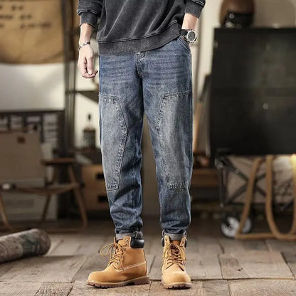 American Vintage Hip Hop High Street Summer Jeans Men's Solid Button Zipper Pockets Fashion Casual Loose Cowboy Straight Pants