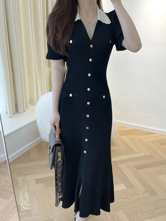 2024 Summer New Korean Style Slim Fit Long Knitted Dress Single Breasted Short Sleeved Fashion Knit Dresses For Women