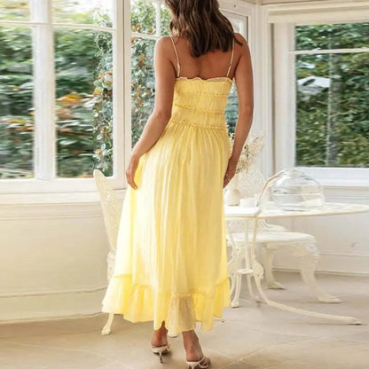 Elegant Sleeveless A Line Party Women Solid Pleated Maxi Romantic Dresses Summer Lady Spaghetti Strap Patchwork Bow Dress