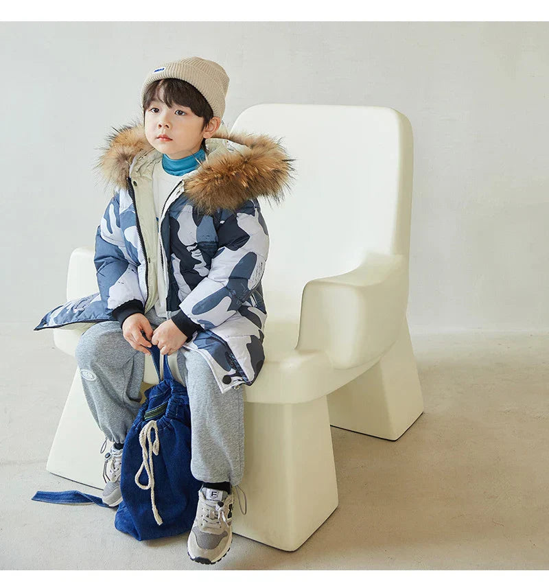 Winter Girls Down Jacket Keep Warm Fur Collar Fashion Little Princess Coat Hooded Boys Long Parkas Outerwear Children Clothing