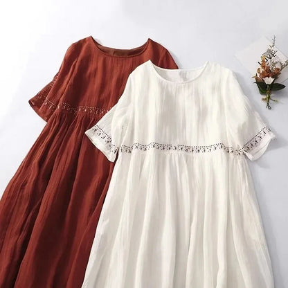 Summer New Women's Cotton and Linen Dress Ethnic Style Embroidery Temperament Round Neck Midi Skirt Loose and Casual White Dress