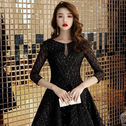Black Cocktail Dress Half Sleeve Sequined Robe Cocktail Gown Solid Cut-out Illusion Short Cocktail Dresses