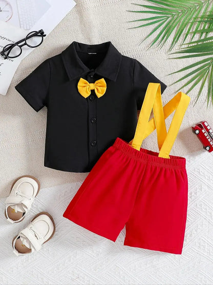 Summer New Arrival Boys’ Suit, British Style Children’s Fashion Clothing with Short-Sleeved Shirt and Striped Overalls Two-Piece