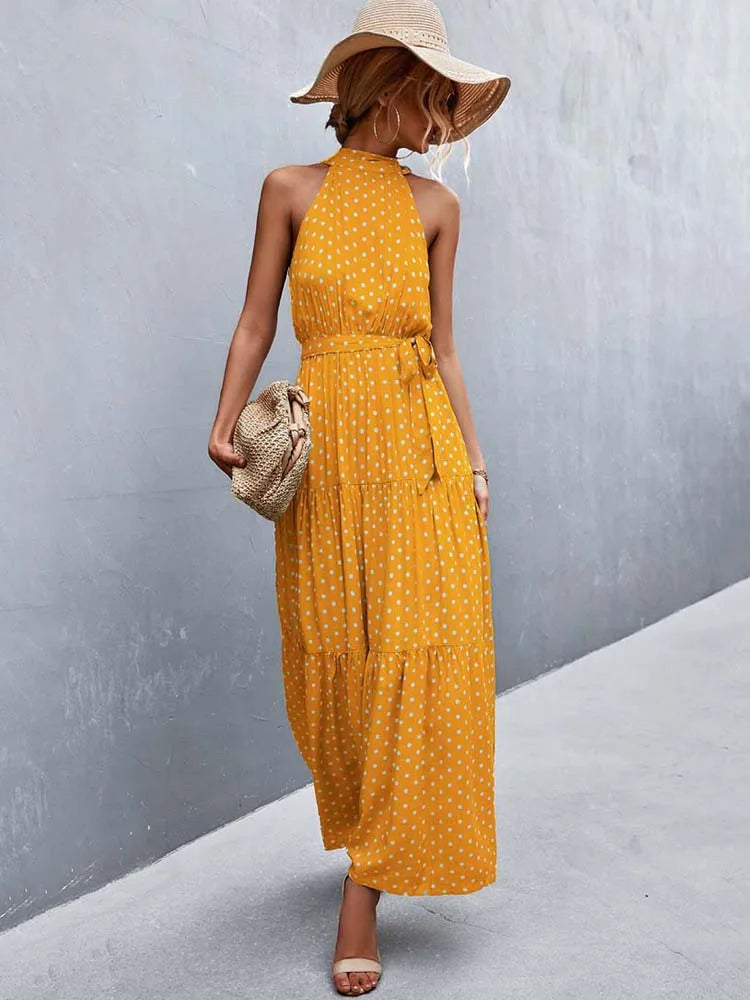 Boho Long Dress Women Flower Print Retro Party Dresses Female Shoulderless Lace Up Sleeveless Halter Summer Vintage Maxi Dress