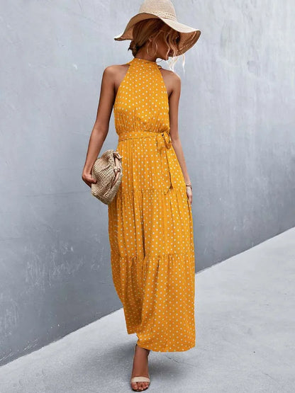 Boho Long Dress Women Flower Print Retro Party Dresses Female Shoulderless Lace Up Sleeveless Halter Summer Vintage Maxi Dress