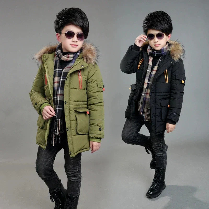 5-14 Years Big Boys Jacket Winter Thicken Warm Teenager Kids Jacket Fashion Long Style Zipper Hooded Children Outerwear Clothing