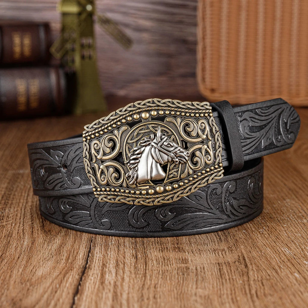 The hollowed-out lace horse-head large board buckle PU embossed belt is a trendy, fashionable and versatile belt