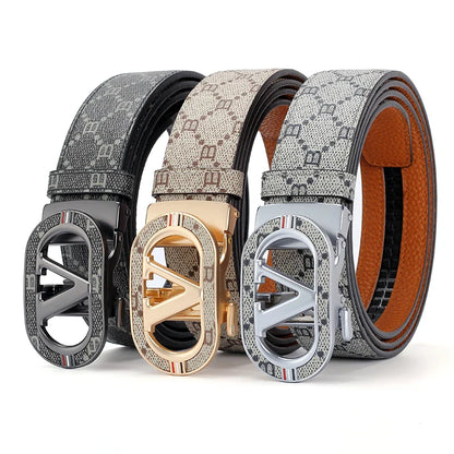 New Big "V" Automatic Buckle Men Belt, Fashionable Letter Buckle Waist Belt, Business Casual Leather Belt,Genuine Suit Belt