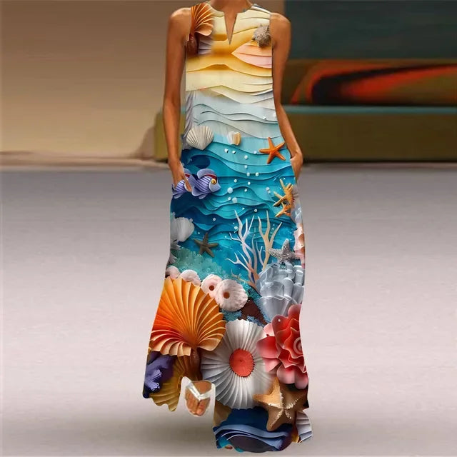 Summer Women's Artistic Retro Sleeveless V-neck Pullover Print Sexy Dress Long Skirt Women's Loose Waist Oversized Swing Skirt