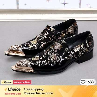 Italian men's dress shoes black metal rivet pointed men's leather business shoes, party shoes men's flat shoes