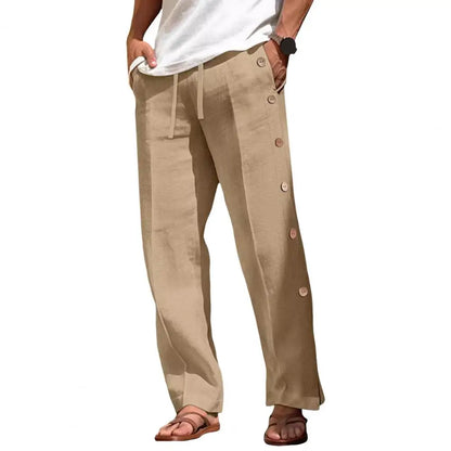 Men Casual Pants Loose Side Pockets Drawstring Elastic Waist Side Button Closure Quick-drying Beach Sweatpants Long Trousers