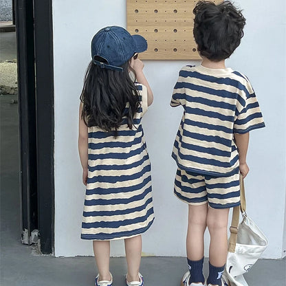 Summer New Sister And Brother Set Girls Striped Sleeveless Dress Fashion Boys Short Sleeve Two Piece Set