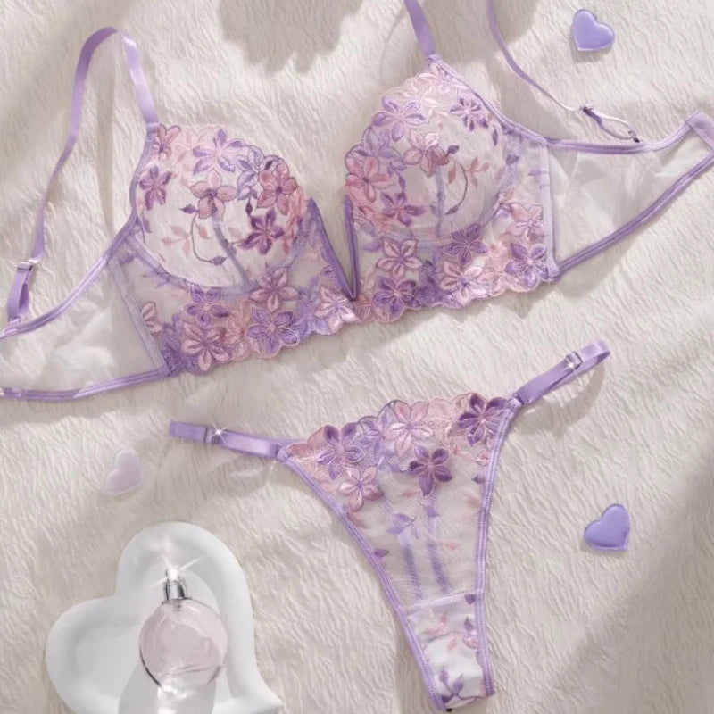 Sexy Lingerie Set Women Transparent Bralette Underwire 2 Piece Bra Floral Embroidery Push Up Bra Panty and Panty Set Underwear