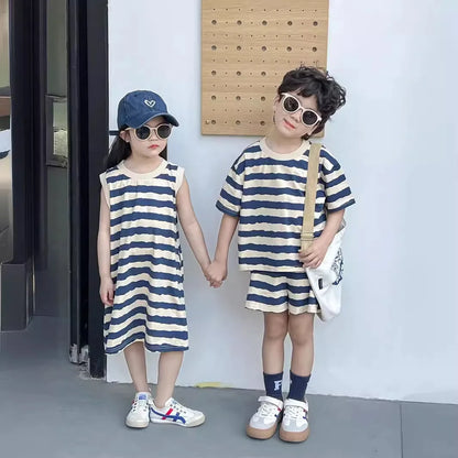 Summer New Sister And Brother Set Girls Striped Sleeveless Dress Fashion Boys Short Sleeve Two Piece Set