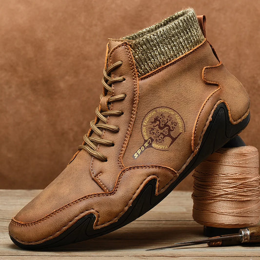 Winter Leather Men Boots Super Warm Man Snow Boots Handmade Mens Casual Shoes Walking Sneakers High Top Western Ankle Boots