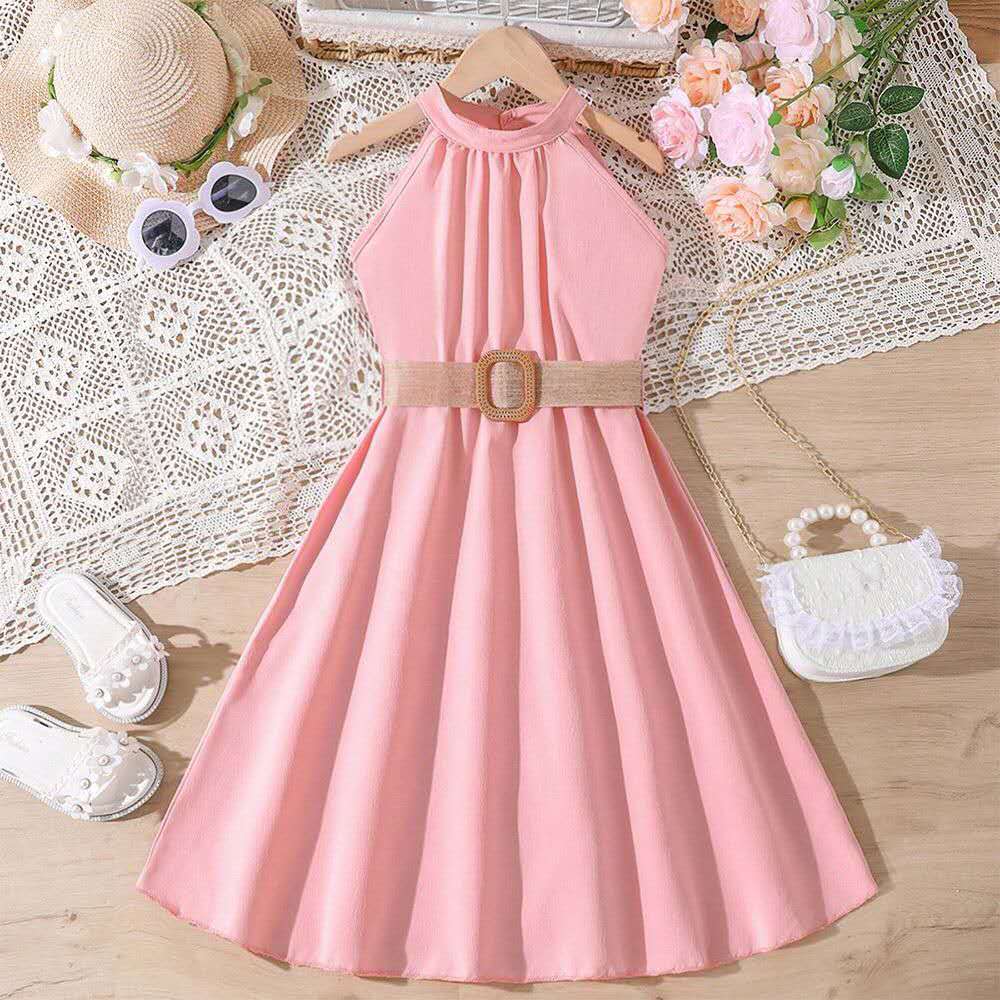 summer new girl's halter dress solid color cute long dress teenage big girls clothes with belt fashion kids clothes