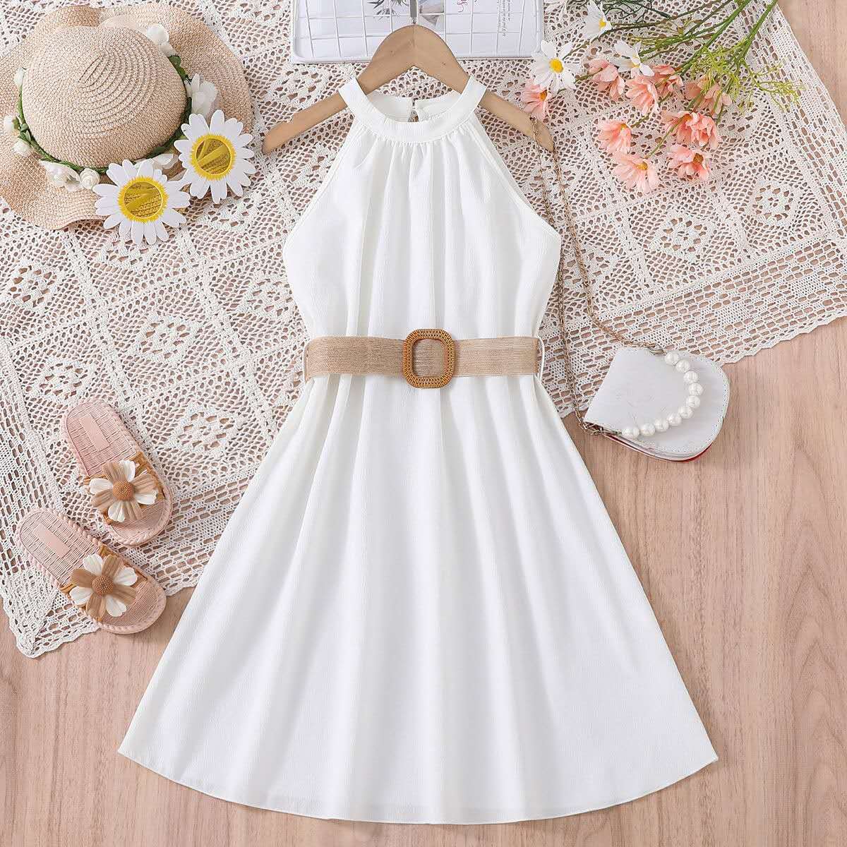 summer new girl's halter dress solid color cute long dress teenage big girls clothes with belt fashion kids clothes