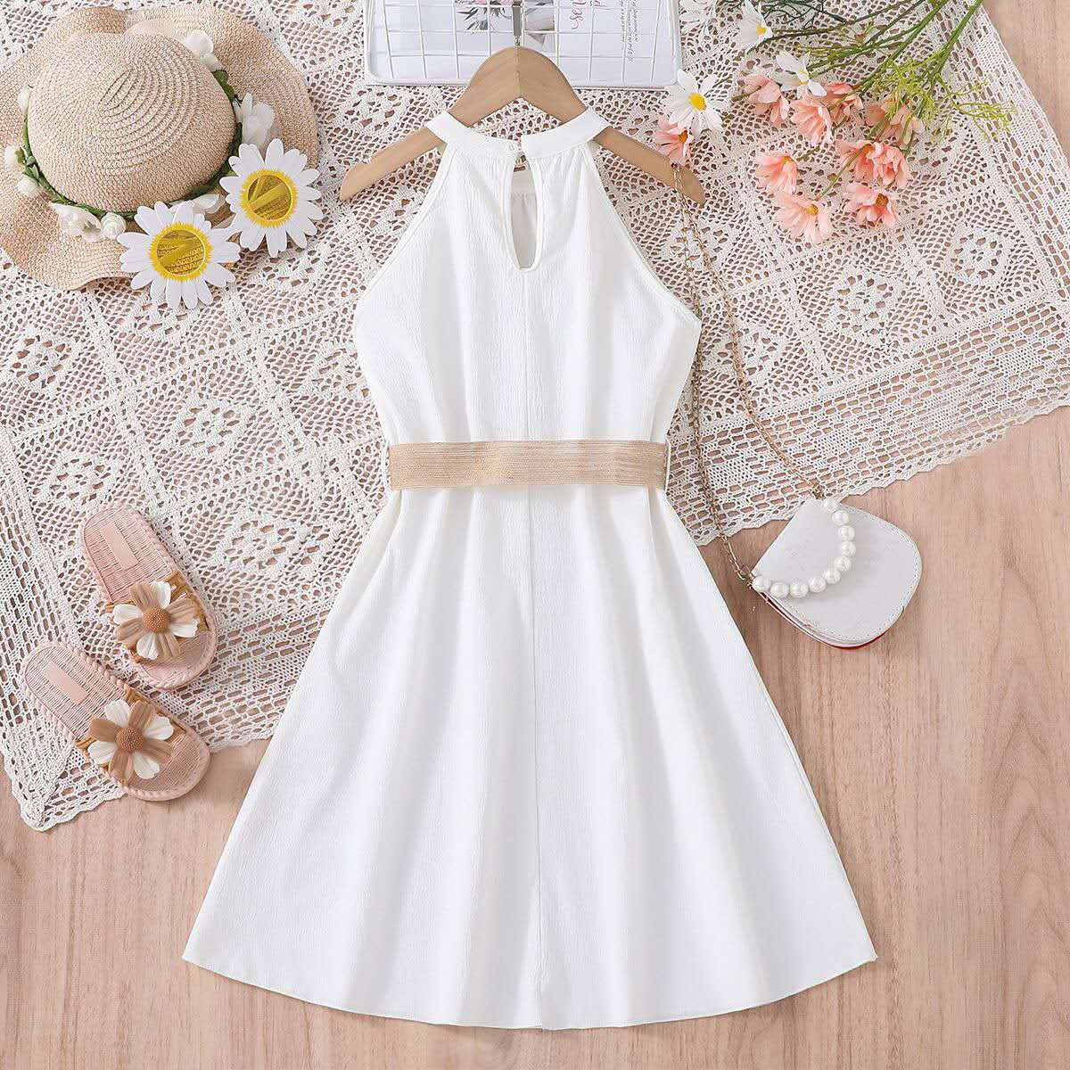 summer new girl's halter dress solid color cute long dress teenage big girls clothes with belt fashion kids clothes