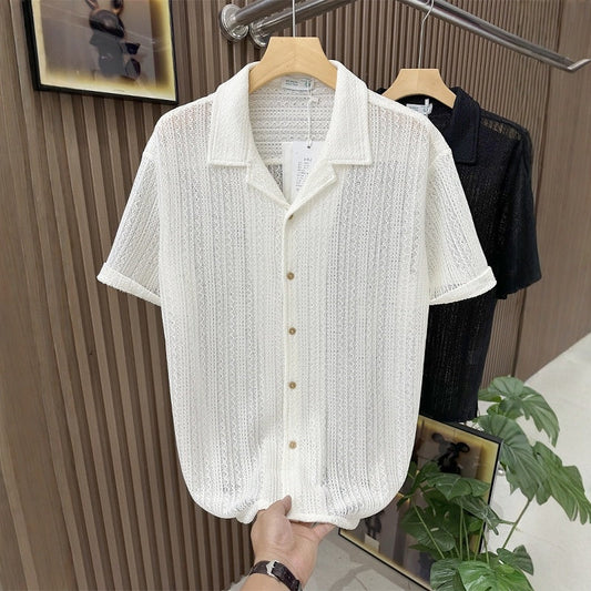 Summer Short Sleeved Shirt Hollow Knitted Men's Loose Trendy Brand