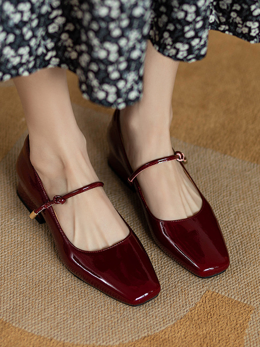 Red Patent Leather Square Toe Vintage Women's Shoes