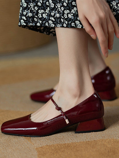 Red Patent Leather Square Toe Vintage Women's Shoes
