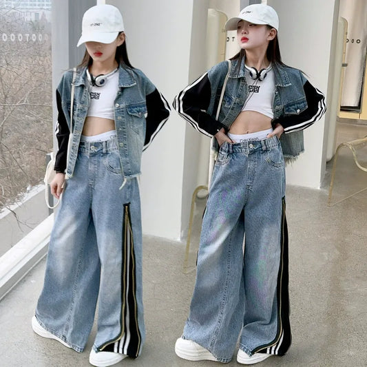 Girls denim suits new styles for middle and large children, hot girls, street style, spliced jacket and jeans two-piece suit