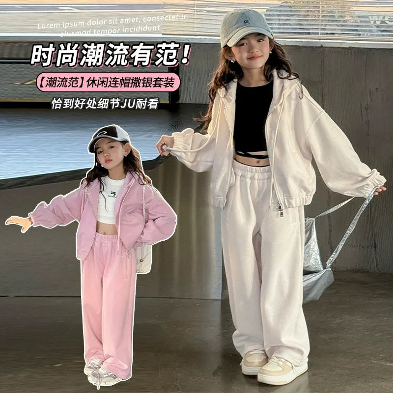 Girls' knitted style, fashionable hooded sweatshirt, internet celebrity fashion, sports and leisure two-piece suit