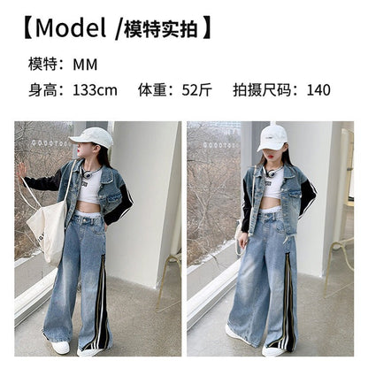 Girls denim suits new styles for middle and large children, hot girls, street style, spliced jacket and jeans two-piece suit