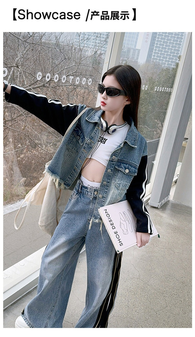 Girls denim suits new styles for middle and large children, hot girls, street style, spliced jacket and jeans two-piece suit
