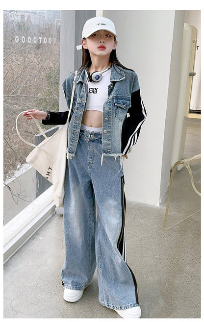 Girls denim suits new styles for middle and large children, hot girls, street style, spliced jacket and jeans two-piece suit