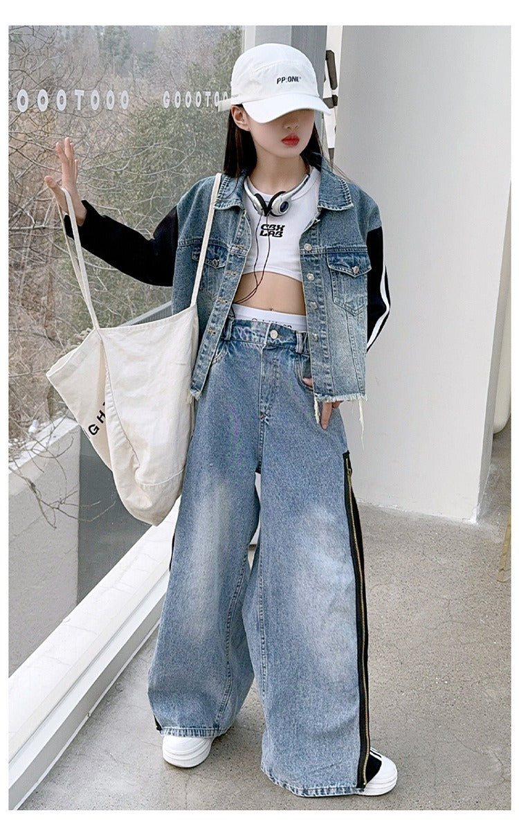 Girls denim suits new styles for middle and large children, hot girls, street style, spliced jacket and jeans two-piece suit