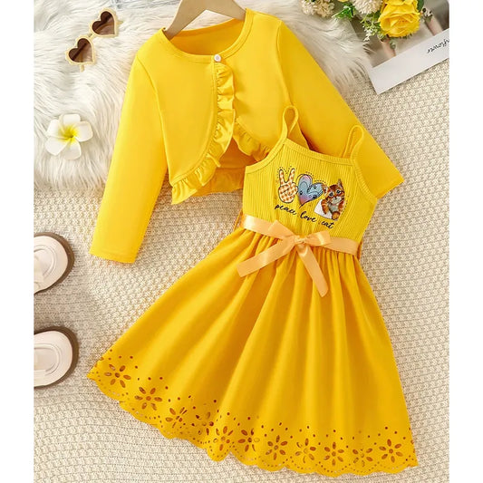 cute cat print bow hollow skirt two-piece suspender skirt